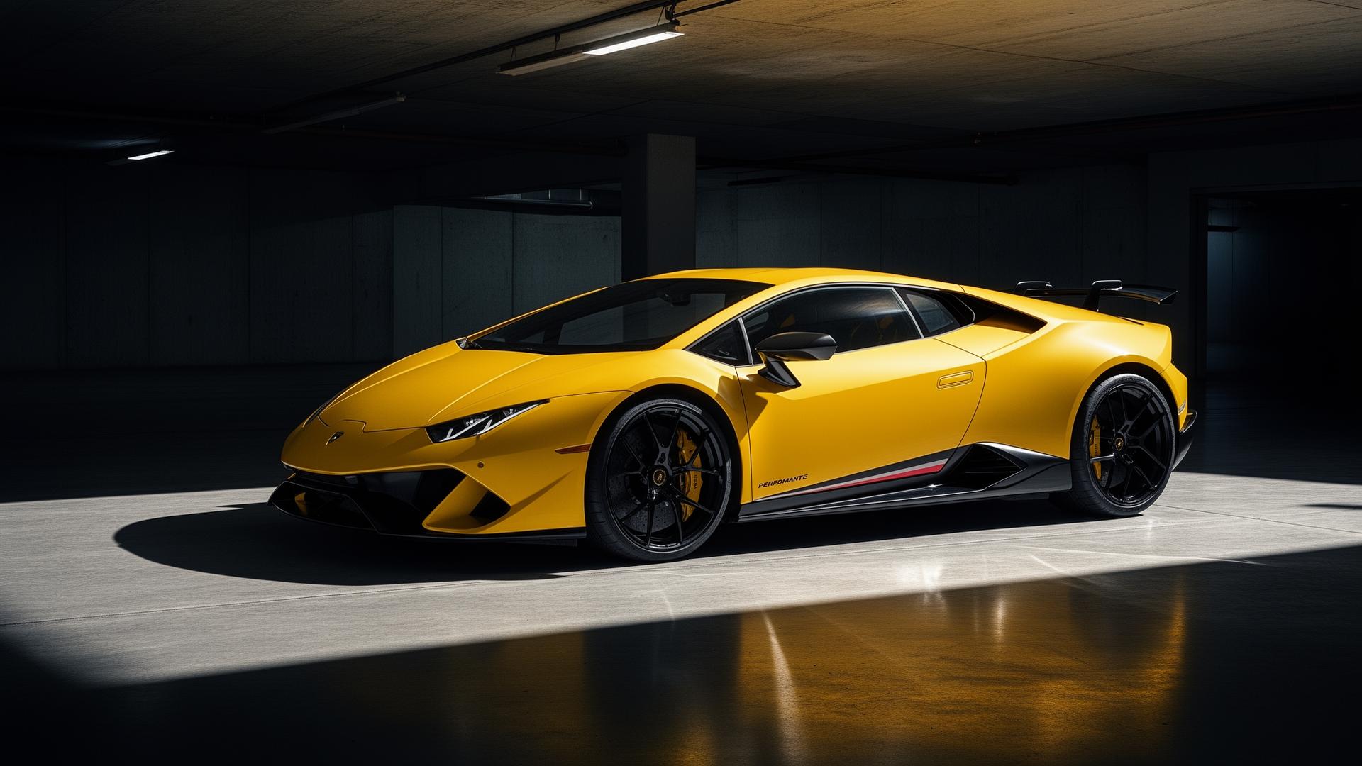Gelber Lamborghini Huracán Performante in Tiefgarage